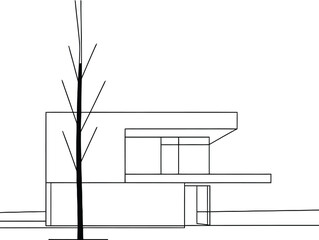 Modern Minimal House Line Art with Tree and Architectural Outline, architecture elevation