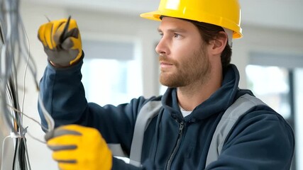 Professional electrician carefully installs new indoor electrical wiring inside walls and ceilings using insulated tools and gloves, symbolizing safe power distribution, reliable infrastructure,