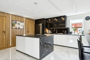 Modern luxury kitchen interior in minimal scandinavian style, 3d render