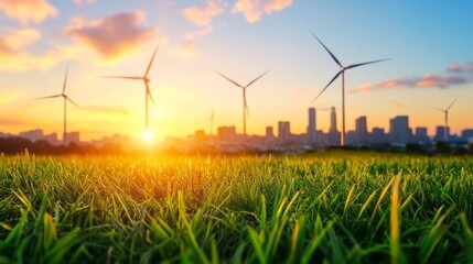 Green grass field with wind turbines and city skyline at sunrise.