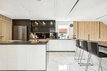 Modern luxury kitchen interior in minimal scandinavian style, 3d render