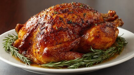 Close-up of a cooked chicken piece garnished with a fresh rosemary sprig on a white plate, highlighting texture and natural herbs in bright daylight.