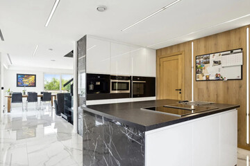 Modern luxury kitchen interior in minimal scandinavian style, 3d render