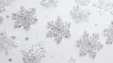 Close-up of numerous delicate snowflakes scattered across a smooth white table surface, showcasing intricate crystal patterns in natural daylight.