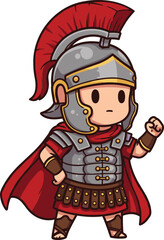 Cartoon Roman soldier gladiator character, ancient warrior illustration, historical armor costume with helmet plume, red cape, battle stance, educational, entertainment, vector mascot design