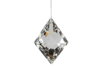 Isolated shiny, clear diamond shape or rhombus pendant hanging from a thin silver chain