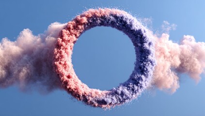 Naklejka premium A circular shape made of pink and purple smoke against a clear, bright blue sky