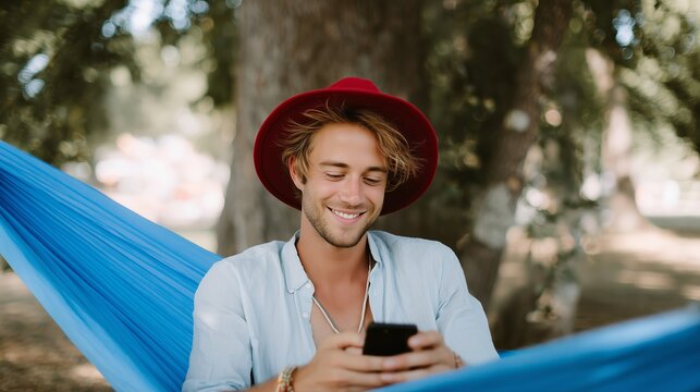 Young man relaxing in hammock while using smartphone under trees on a sunny day in a park