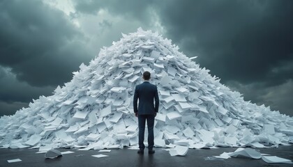Man faces huge paperwork pile. Stressful financial burden tax season with looming deadline. Overwhelmed person confronts stack of invoices. Anxious about accounting issues against stormy sky. Concept