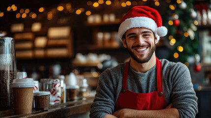 smiling barista with Santa red hat giving takeaway holiday drinks at counter, festive caf&eacute; decorations, copy space,