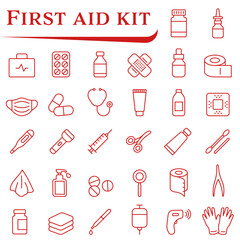 Set of first aid icons, medical instruments, and materials. Icons related to first aid kits and first aid.