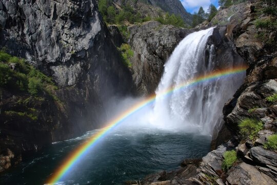 Majestic waterfall cascading into clear pool with vibrant rainbo