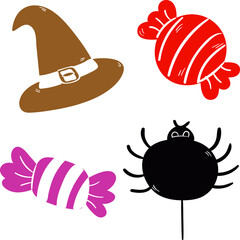 This PNG set features a brown witch hat, colorful candies, and a black spider, perfect for Halloween party decorations, invitations, and spooky designs.
