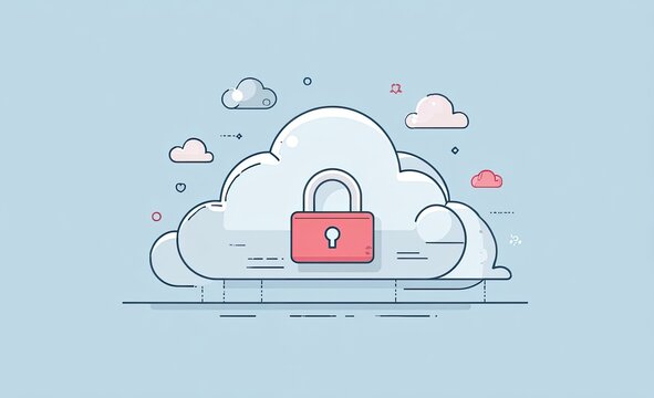 A cloud illustration featuring a padlock, suggesting data security. Clouds float on a light blue background