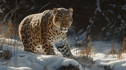 Obraz premium Majestic Amur Leopard Stalking Through Snow-Covered Forest Under Bright Sunlight