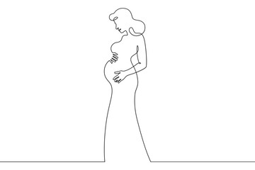 Continuous one line drawing  pregnant woman on a walk. Pregnant woman in late pregnancy,full-length. Motherhood. Line art.One continuous line isolated illustration.Not AI.