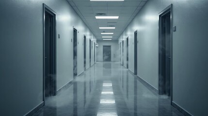 Hallway with doors ajar, faint smoke creeping out under the frames