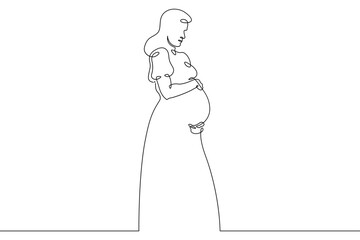 Continuous one line drawing  pregnant woman on a walk. Pregnant woman in late pregnancy,full-length. Motherhood. Line art.One continuous line isolated illustration.Not AI.