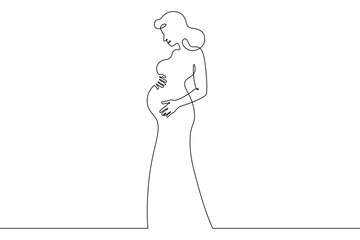 Continuous one line drawing  pregnant woman on a walk. Pregnant woman in late pregnancy,full-length. Motherhood. Line art.One continuous line isolated illustration.Not AI.
