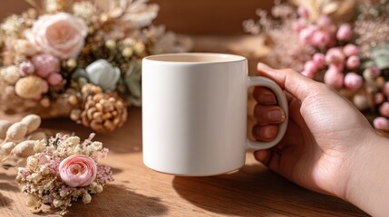 Close-up of a hand holding a white-handled coffee mug on a wooden table, natural light highlighting the warm beverage in a calm indoor setting.