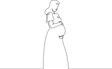 Continuous one line drawing  pregnant woman on a walk. Pregnant woman in late pregnancy,full-length. Motherhood. Line art.One continuous line isolated illustration.Not AI.