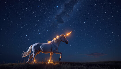 Magical unicorn glowing under starry night sky, fantasy creature standing on grass, enchanting and mystical atmosphere