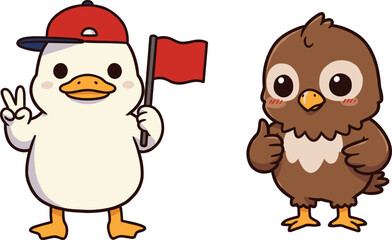 Cartoon duck and owl mascot characters, funny bird 