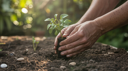 Fototapeta premium Person Planting a Small Green Sapling in Soil