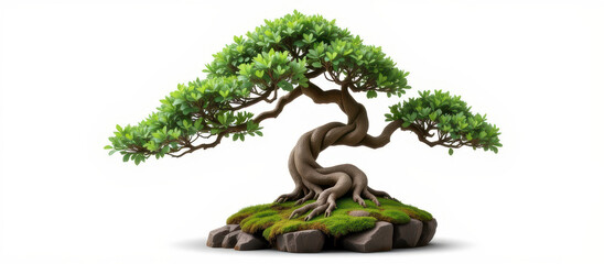 Ancient twisted bonsai tree on mossy rock with lush green leaves, serene miniature landscape