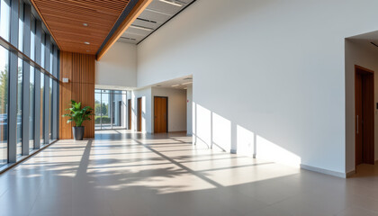 Fototapeta premium Modern business lobby with clean design, large windows and natural light creating welcoming