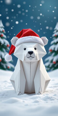 Origami polar bear in santa hat sitting on snow, festive winter scene