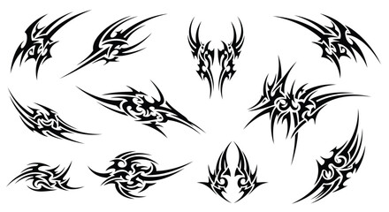 Vector illustration of set of tribal tattoo designs in black ink, featuring abstract and sharp patterns suitable for body art