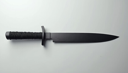 Black knife with curved blade and textured handle on light gray background. Sleek design and sharp edge. Modern tactical knife with minimalist style. Perfect for martial arts or outdoor use.