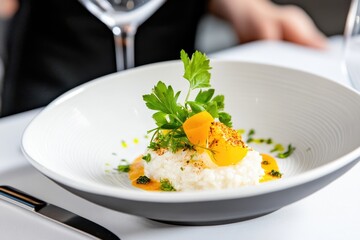 Elegant gourmet dining experience with herb-garnished risotto at a modern restaurant