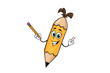 Cartoon pencil character holding a pencil and pointing isolated on a transparent background