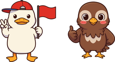 Cartoon duck and owl mascot characters, funny bird illustration, vector animal design, children’s character art, educational mascot, playful cartoon birds