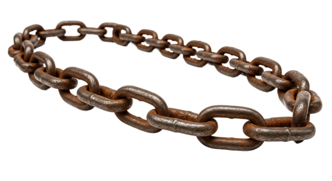Rusty metal chain forming a circle on a white background.