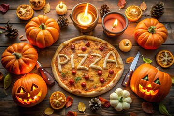 Scary Halloween pizzeria background with glowing jack o lantern pumpkins pizza oven interior spooky night atmosphere modern minimal design template for advertising flyer poster banner branding