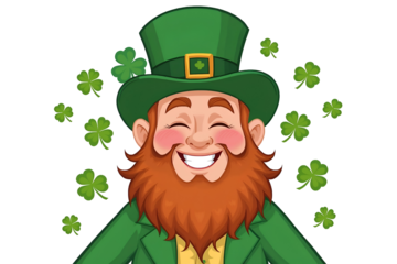 Cheerful leprechaun with green hat and shamrocks isolated on a transparent background