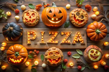 Creative Halloween pizzeria backdrop with pumpkins lanterns glowing light fresh hot pizza spooky restaurant interior minimal design template for advertising flyer poster banner branding with copy