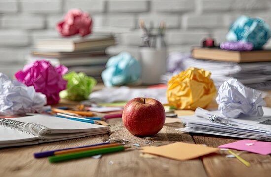 A messy wooden desk with an apple, scattered crumpled paper, stationary and books