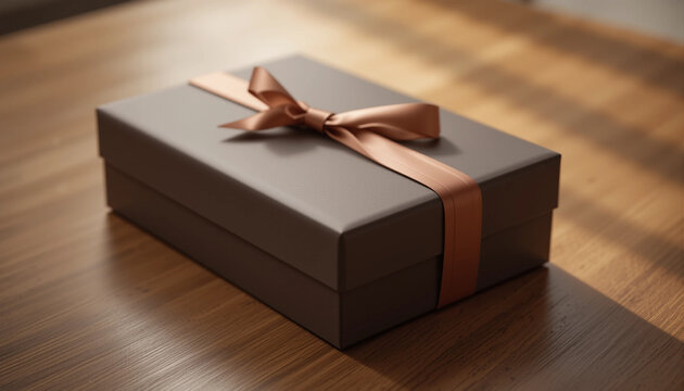 Elegant gift box with ribbon on a wooden table in warm lighting