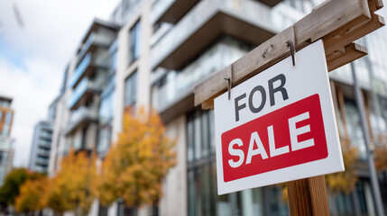 Obraz premium Real estate signboard in front of newly built house exterior