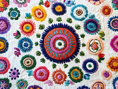 Vibrant handcrafted quilt with colorful floral circular patterns