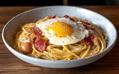 Fototapeta premium Delicious spaghetti carbonara topped with fried egg and bacon served in bowl