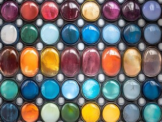 Colorful oval gemstones arranged in a grid pattern