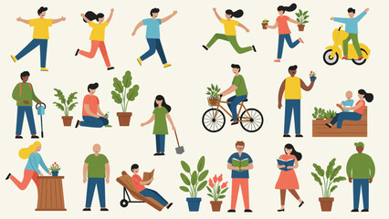 Diverse People Enjoying Daily Activities, Nature, And Leisure Hobbies In Flat Design
