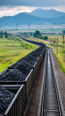 Background of coal train crossing rural landscape transporting raw materials