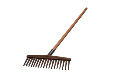 A garden rake with a wooden handle and metal tines.