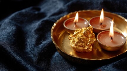 Three lit candles on a gold plate next to a small Buddha figurine, set against a dark background, creating a serene and spiritual ambiance.